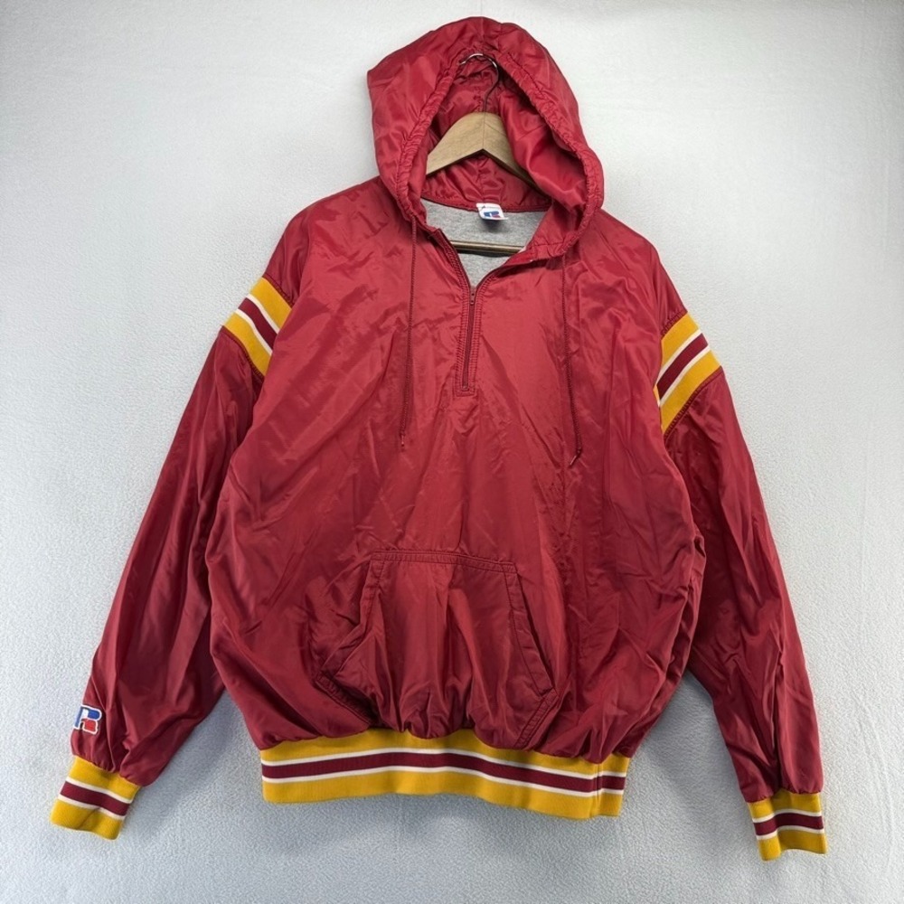 Vintage Russell Athletic Windbreaker Jacket Men's XL Red Quarter Zip Hooded 90s
